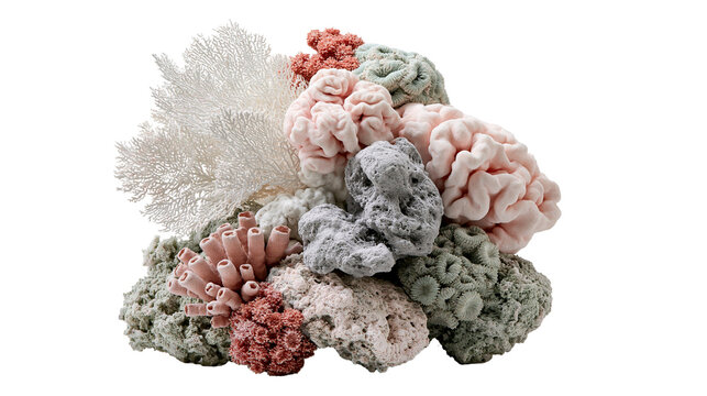 Cluster of diverse marine coral reef specimens with textured stony structures