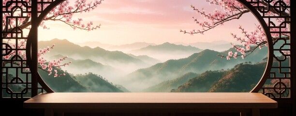 Fototapeta premium Oriental window frame looks out to misty mountains at sunrise. Pink peach blossom branches frame view of green hills under pink sky. Empty wooden table in foreground for product display during