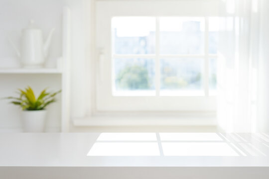 White table top mockup on blurred bright interior background with window and plant on shelf