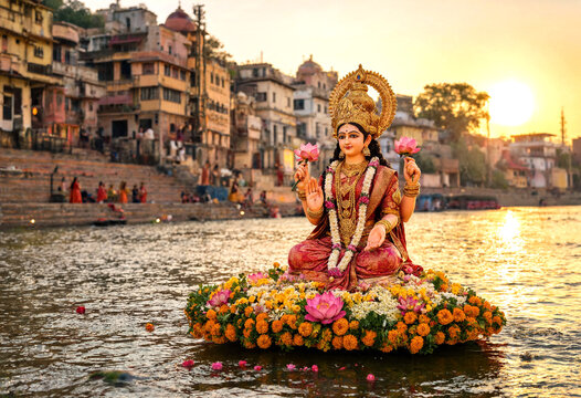 Colorful Goddess Statue Floating on Flower Garland During Sunset