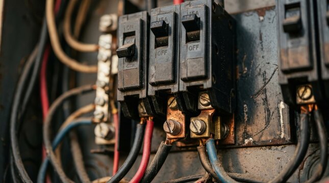 A close up view of an old electrical fuse box with exposed wiring and circuit breakers connected to copper terminals in a dusty panel, showing industrial details