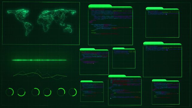 Glowing folder windows code wireframe world map, signal trace, line charts, radial gauges. green screen presents global computing concept for software tutorials, information dashboards, campaigns.