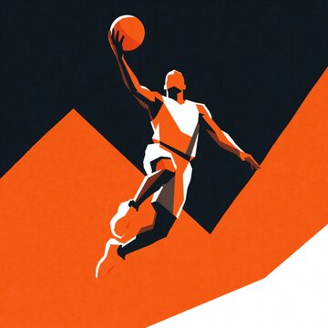 Minimalist illustration of basketball player jumping for layup. Athlete in white jersey performs slam dunk action against orange, dark blue geometric background. Stylized sports graphic shows energy,