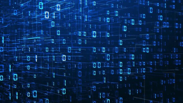 Rows glowing blue data grid, with dots and horizontal lines creating depth. futuristic computing visual network presentations, coding stories, digital products, online services, technical explainers.