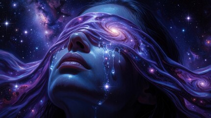 Fototapeta premium Surreal digital art shows female face merging with deep space galaxy. Cosmic nebula, stars flow through eyes like liquid paint. Mystical woman experiences spiritual transcendence, nirvana, cosmic