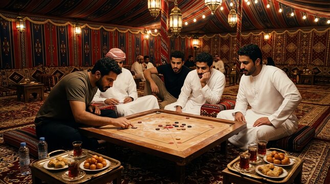 Group of Men Playing Carrom in Traditional Tent Setting