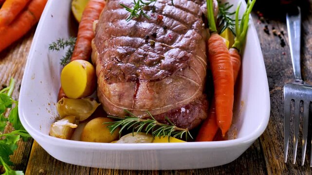 roasted beef tenderloin with carrots potatoes and rosemary in baking dish