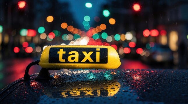 Yellow taxi sign glows on car roof during rainy night. Wet vehicle roof reflects city lights. Blurred urban street background with colorful bokeh lights, traffic. Evening transportation in wet