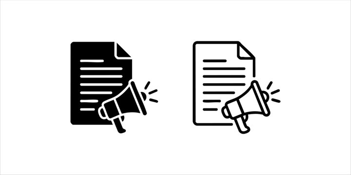 Press Release Icon Set - Document with Megaphone Vector Illustration in Glyph and Line Style for Marketing, Announcement, and Business News Concept