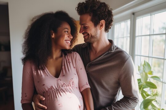 Pregnant multi ethnic couple embracing and smiling with love, standing by a bright window at home, celebrating new life, family, and the joyous anticipation of welcoming their baby