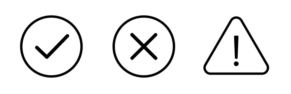 Success, error and warning line icons with check, cross and alert symbols. Validation, Approval and UI status indicators in outline style