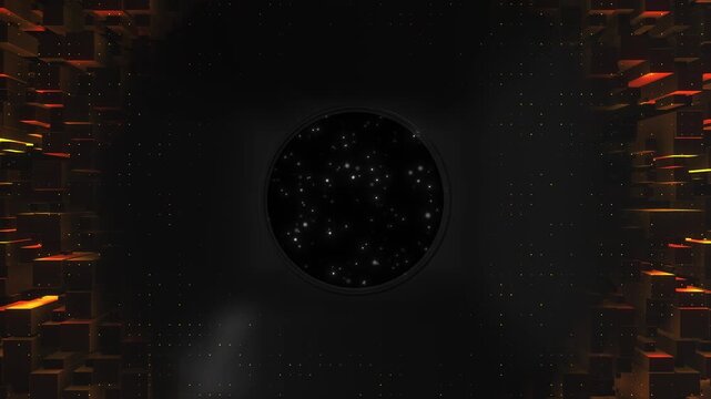 Dark circular window among stacked blocks lit by gold highlights. specks while dim amber dots span the background, dramatic setting for title reveals, science fiction visuals, tech branding.