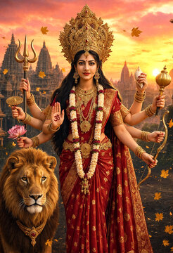 Divine Female Deity Standing With Lion And Sacred Symbols At Sunset