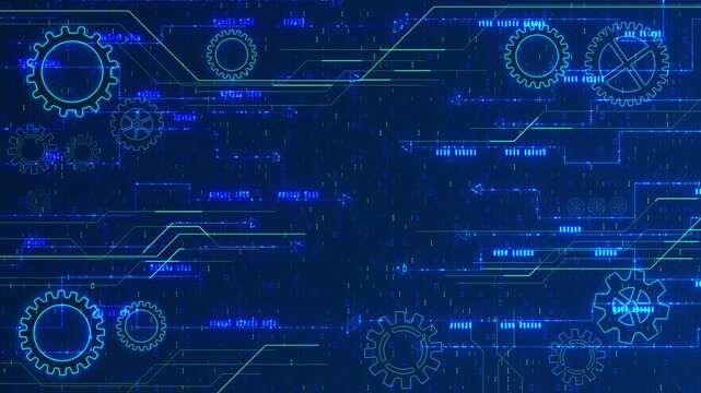 Gear outlines central space, branching routes, directional arrows, binary figures across field. technical backdrop fits process diagrams, manufacturing stories, software themes, corporate graphics.