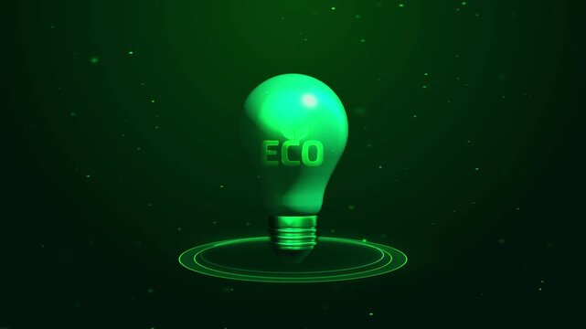 Radiant emerald bulb ECO label leaf shines circular light rings. green particles backdrop support about sustainable ideas, energy efficiency, environmental awareness campaigns, cleaner technology.