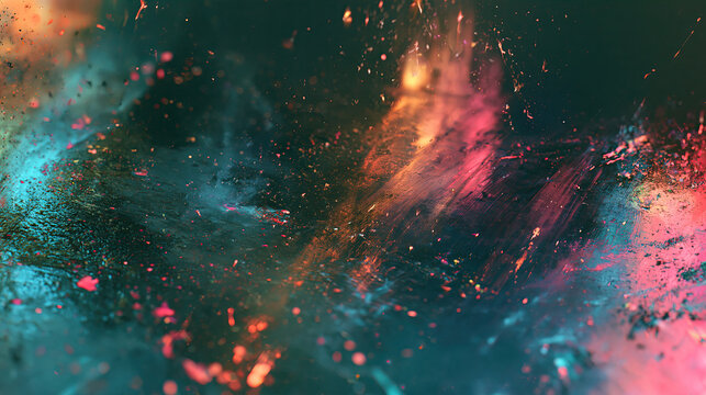 Abstract orange, pink and teal paint particles drifting on dark backdrop