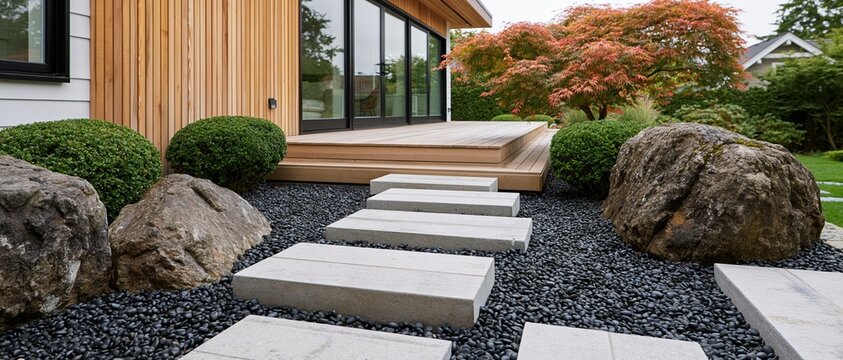 Modern residential garden with stepping stone path through gravel and rocks leading to wooden deck entrance