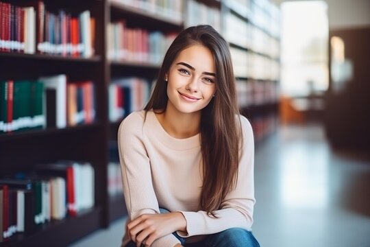 Young woman smiling in a library or university setting, representing concepts of education, learning, student life, academic success, knowledge acquisition, and positive study environment