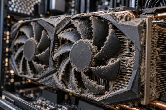 Dust-covered computer graphics card cooling fans inside computer. Dust buildup and hardware maintenance concern. PC overheating and component failure risk. Computer repair and cleaning