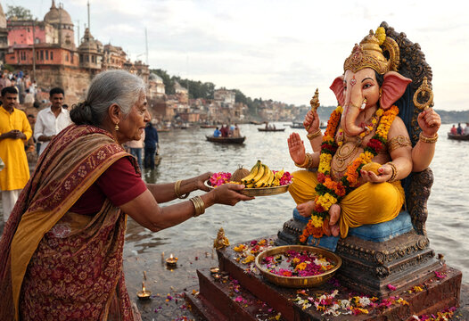 Elderly Woman Offering Flowers to Ganesha Statue by Riverbank
