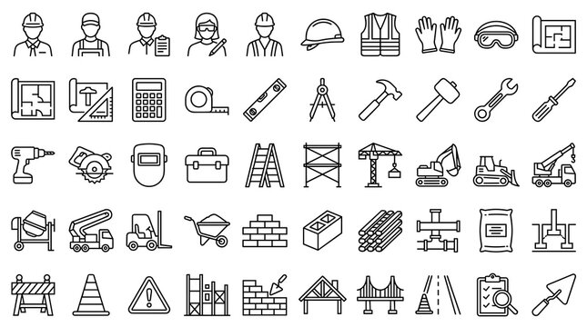 50 Builder and Construction Engineering Linear Icons Featuring Hard Hats Tools Machinery Blueprints Scaffolding Safety and Building Work