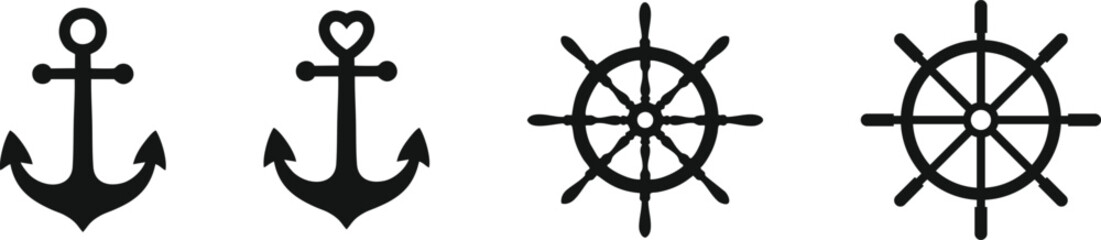 Nautical icons set including anchors and ship wheels in black silhouette on white background © Sakib