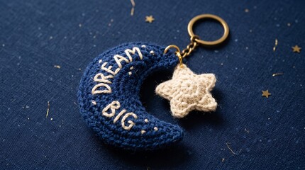 Handmade navy blue crochet crescent moon keychain with embroidered DREAM BIG text and cream star charm, night sky gold accents © laiba's designs