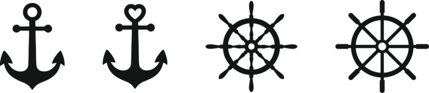 Nautical icons set including anchors and ship wheels in black silhouette on white background
