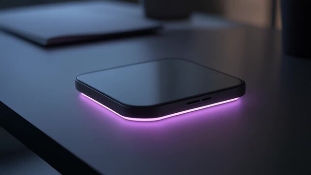 Illuminated sleek square charging pad emitting a vibrant neon glow on a textured desk surface casting subtle shadows, showcasing futuristic device powering technology