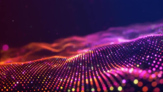 Slow smooth camera glide over vast undulating digital landscape of thousands of tiny glowing magenta, purple and orange dots with energy haze and bokeh on dark navy background