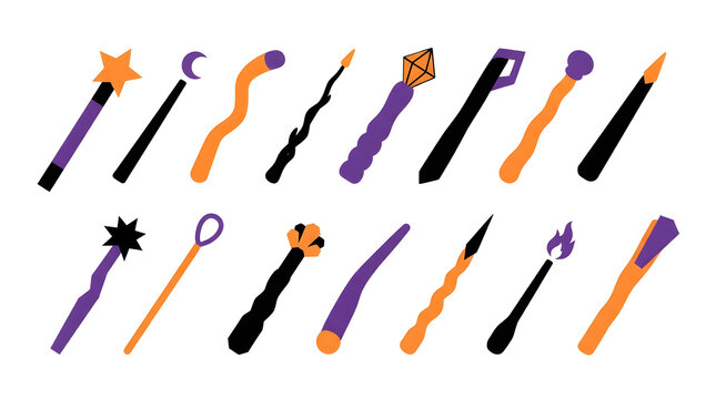 Set of colorful magic wands and fantasy sorcery sticks for halloween celebration in flat minimalist style on white background