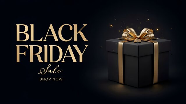 Luxury Black Friday Sale Banner background, elegant black gift box with gold ribbon bow, premium retail discount promotion header