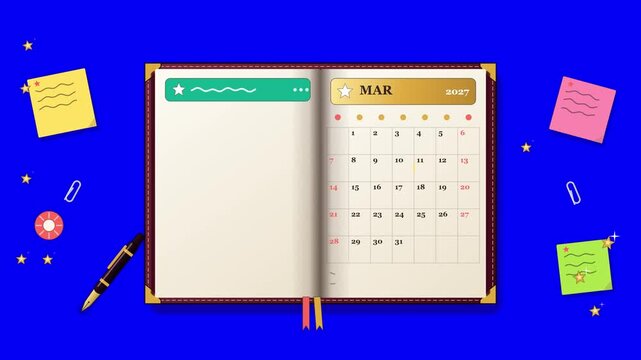 New Year Resolution Planner Animation with Turning Calendar Pages, Checklist Goals, Habit Tracker, Vision Board and Gold Stars on Blue Screen Background, Seamless Loop