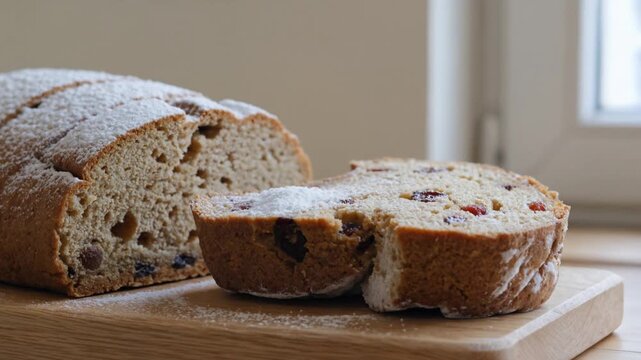 Sliced fruit bread on a light tabletop