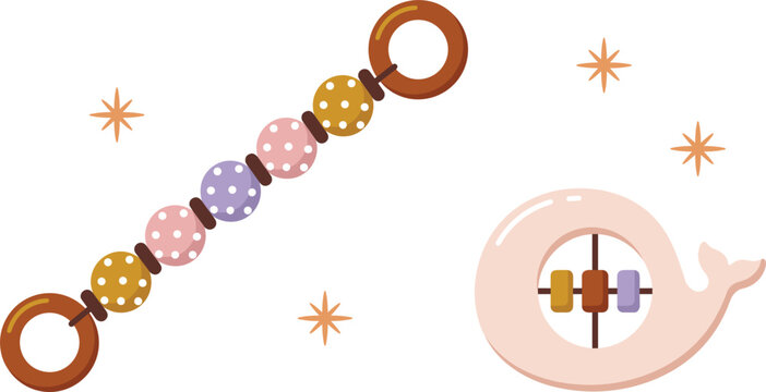 Boho Nursery Baby Accessories Vector Set with Pastel Polka Dot Pacifier Chain Clip and Whale Shaped Wooden Rattle Toy Graphic Designs