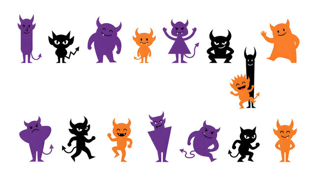 Set of cute flat vector devil characters with various poses and expressions in orange, purple, and black for Halloween design