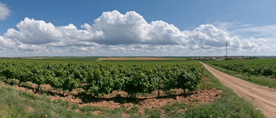 Fototapeta premium Rows of grapevines stretching across a wide rural field under a blue sky with white clouds