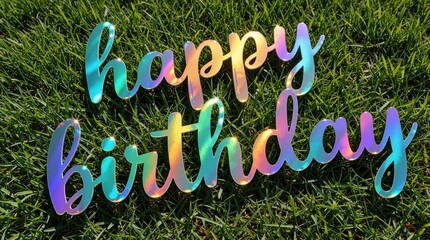 Fototapeta premium Colorful holographic happy birthday letters lie on green grass. Vibrant shiny text decoration for festive outdoor party. Bright rainbow sign creates joyful mood for celebration. Neon style letters
