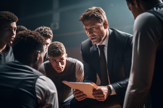 Coach discussing strategy with basketball players during a huddle, providing leadership and motivation, developing team tactics, young athletes listening intently to game plan
