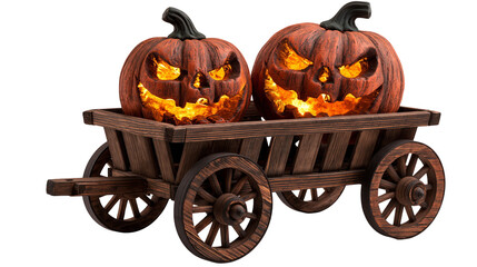 Two glowing carved jack-o-lantern pumpkins inside a rustic wooden cart © darietta
