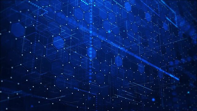 Thin blue hexagonal outlines interlock field, joined cyan nodes and luminous dotted lines. pattern offers a versatile connectivity, information systems, technology research, and corporate visuals.