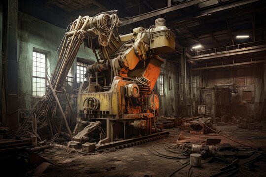 Heavy industrial machinery standing idle in a grimy, abandoned factory workshop, reflecting themes of decay, economic decline, and the obsolescence of manufacturing technology