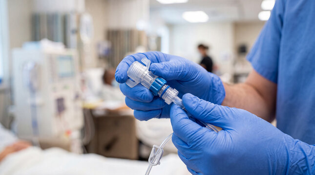 close-up of a nephrology professional's blue nitrile gloved hands holding a sterile peritoneal dialysis transfer connector, precision medical-grade polymer component with secure locking mechanism