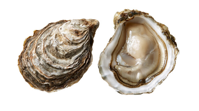 Fresh raw oyster with rough textured shell and smooth fleshy mollusk meat