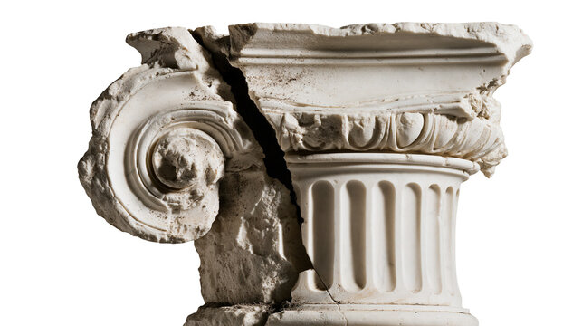Broken ancient ionic column capital with weathered stone texture