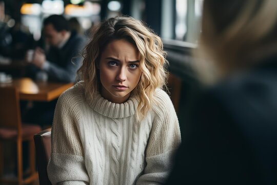 Young woman with blonde curly hair showing a worried and concerned expression while having an intense conversation at a cafe, feeling sadness and uncertainty in the moment