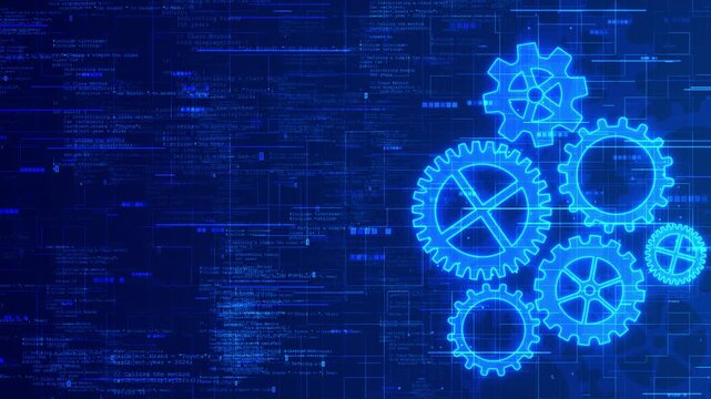 Electric blue cogs field of source code circuit lines. balance of code machinery conveys programming, connected processes, software engineering, and modern automation, business technology stories.