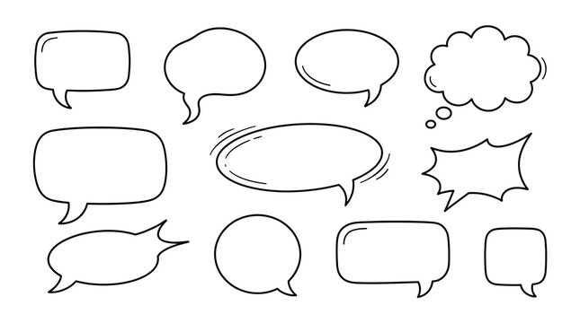 Set of handdrawn speech bubbles and thought balloons, doodle style comic elements isolated on white background