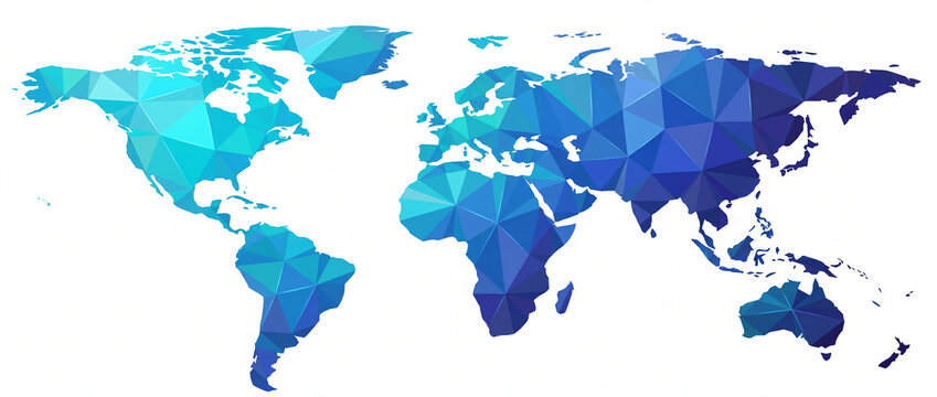 World map in low poly geometric style featuring blue triangular mosaic facets isolated on a white background, ideal for global business infographics and creative travel designs