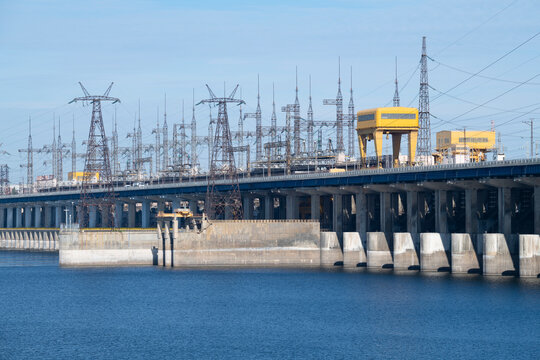 At the Volga hydroelectric power station on a sunny September day. Volgograd